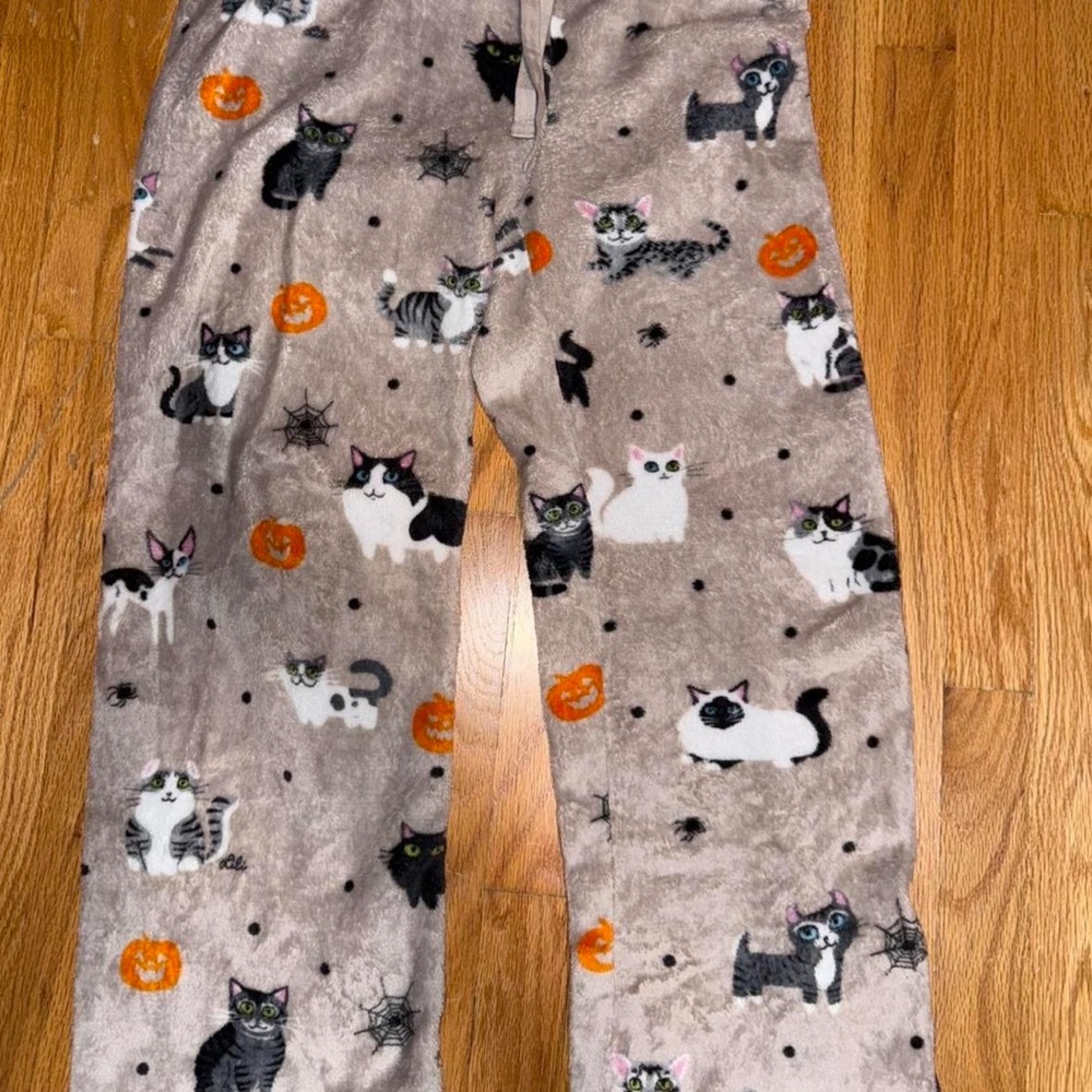 Halloween Cat Print Fleece Pajama Pants M